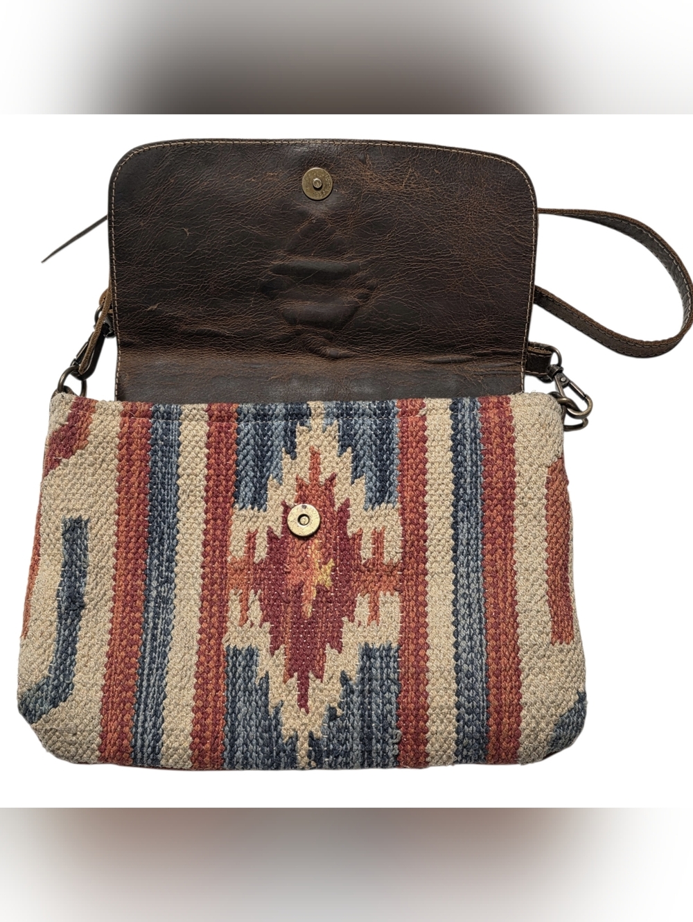 Myra Win Win Crossbody Bag Rustic Brown Leather & Southwestern Canvas Tapestry - Picture 9 of 14
